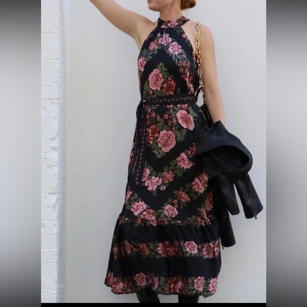 Cleobella Black and Pink Floral Midi Dress